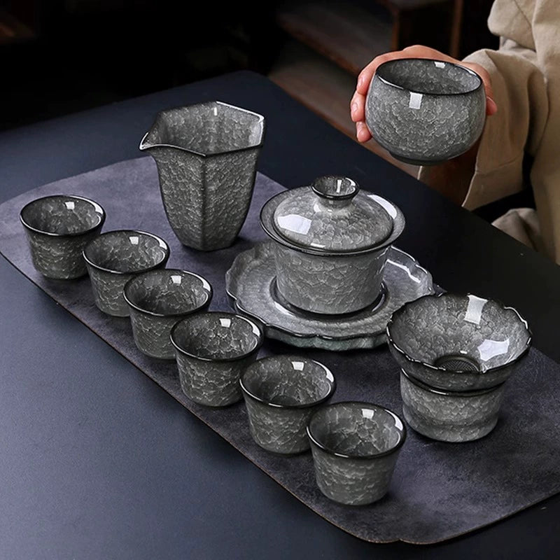 Premium Black Ice Crackle Ceramic Tea Set - Heat-Resistant 3-in-1 Design - Luxury Business Gift